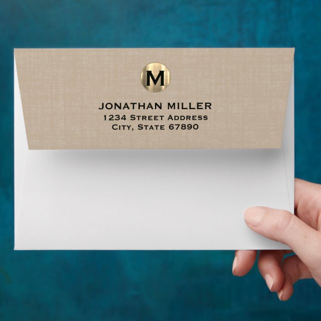 Elegant Linen Gold Monogram Return Address Envelope (Hand)