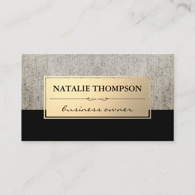 Elegant Linen Metallic Gold Frame Business Card (Front)