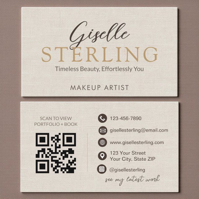 Elegant Linen Script  Modern QR Code Business Card (Creator Uploaded)