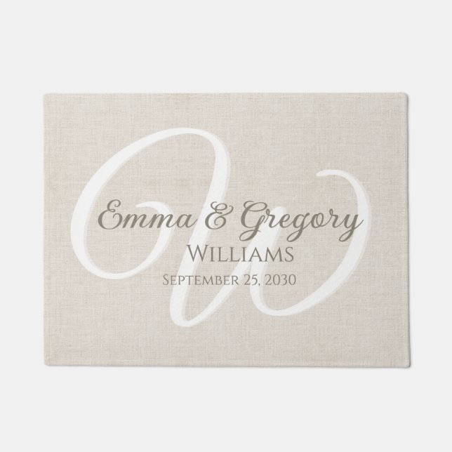Elegant Linen White Monogram Doormat (Front)