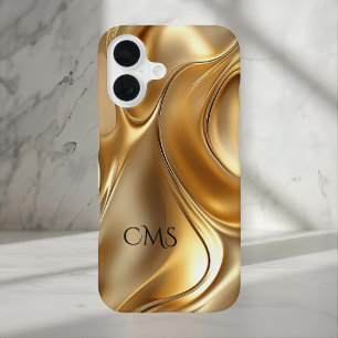 Elegant Liquid Gold Abstract Black Monogrammed iPhone 16 Case
