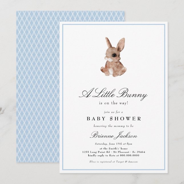 Elegant Little Bunny Blue Boy Baby Shower  Invitation (Front/Back)