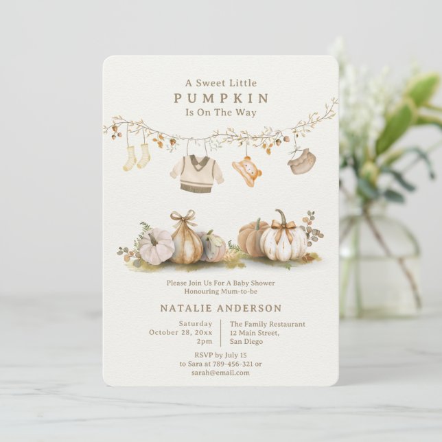 Elegant Little Pumpkin Boy Clothesline Baby Shower Invitation (Standing Front)