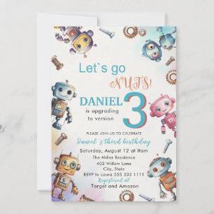 Elegant Little Robot Watercolor  Baby 3 Birthday P Invitation