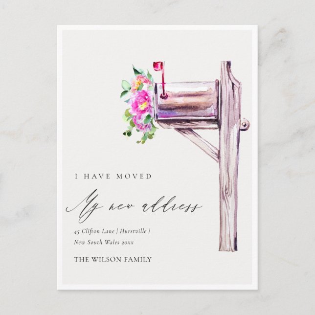 Elegant Lively Pink Floral Mailbox I have Moved Postcard (Front)