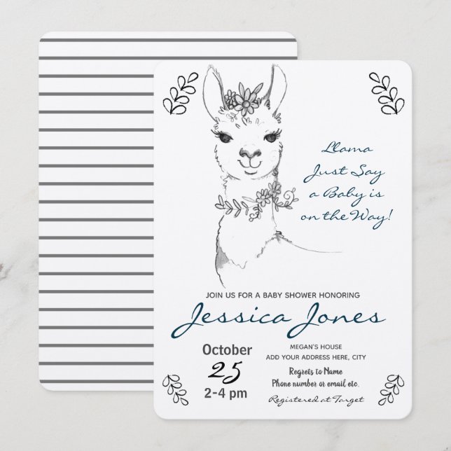Elegant Llama Girl Baby Shower Rustic Invitation (Front/Back)