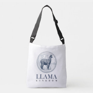 Elegant Llama with Globe and Llama Kingdom Text Crossbody Bag