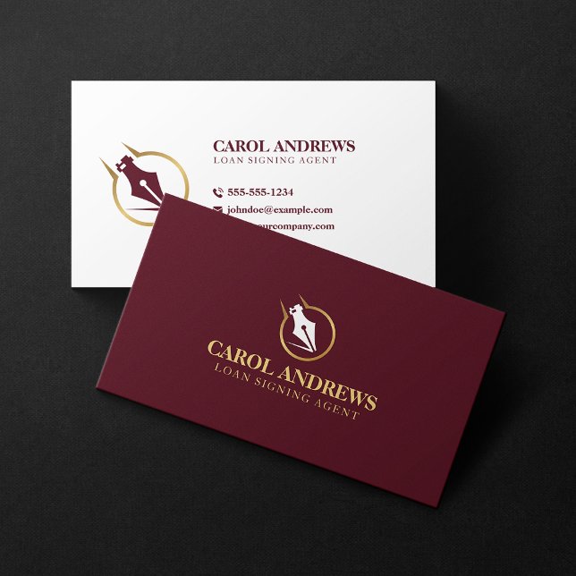 Elegant Loan Signing Agent Notary Public Gold Red Business Card (Creator Uploaded)