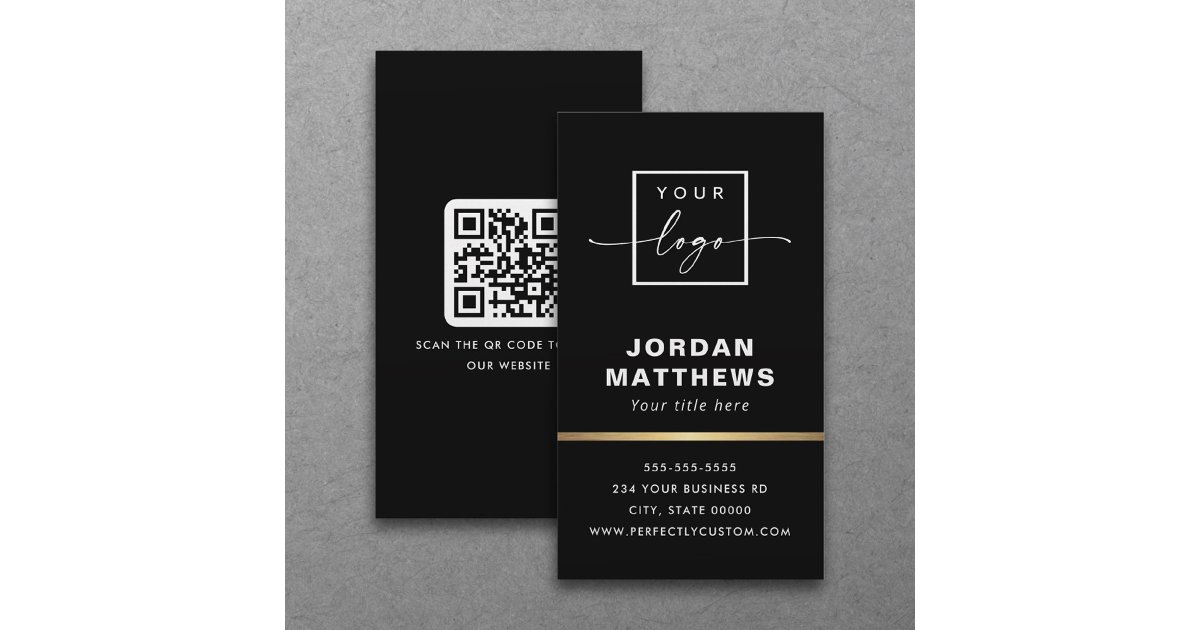 Elegant logo QR code golden gradient border black Business Card | Zazzle