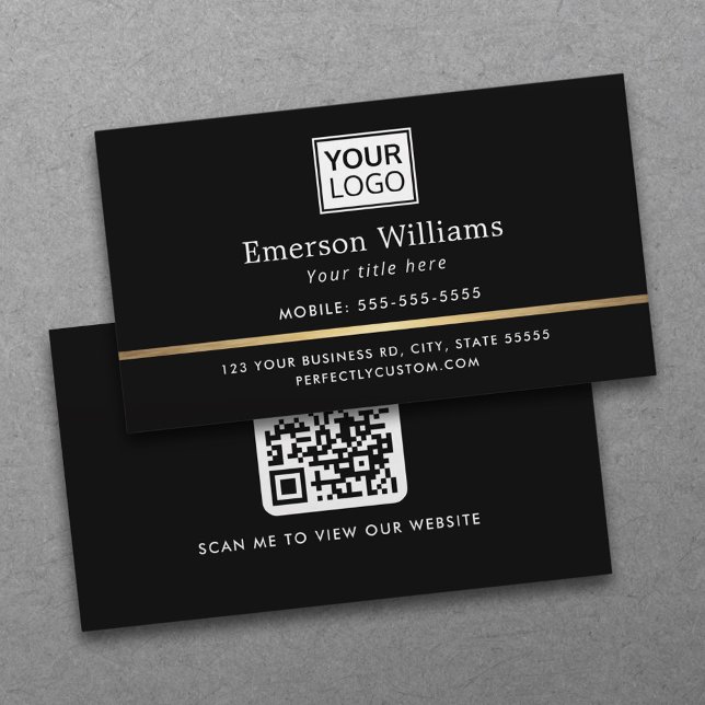 Elegant logo QR code golden gradient divider black Business Card (Professional, black, elegant business cards with a golden gradient border, logo and QR code)
