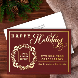 Elegant Logo Wreath Happy Holidays Business Foil Holiday Card