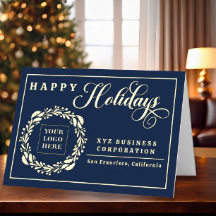 Elegant Logo Wreath Happy Holidays Business Foil Holiday Card