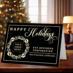 Elegant Logo Wreath Happy Holidays Business Foil Holiday Card
