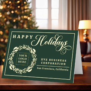 Elegant Logo Wreath Happy Holidays Business Foil Holiday Card