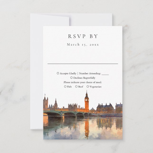 Elegant London Skyline Watercolor Wedding RSVP Card (Front)