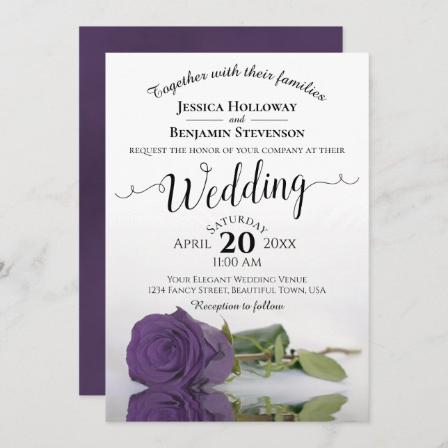 Elegant Long Stemmed Amethyst Purple Rose Wedding Invitation (Front/Back)