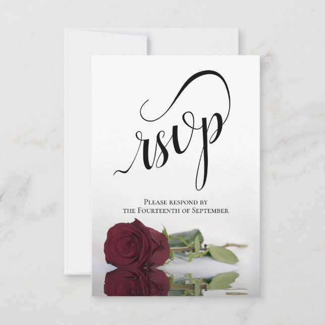 Elegant Long-Stemmed Burgundy Rose Wedding RSVP Card (Front)