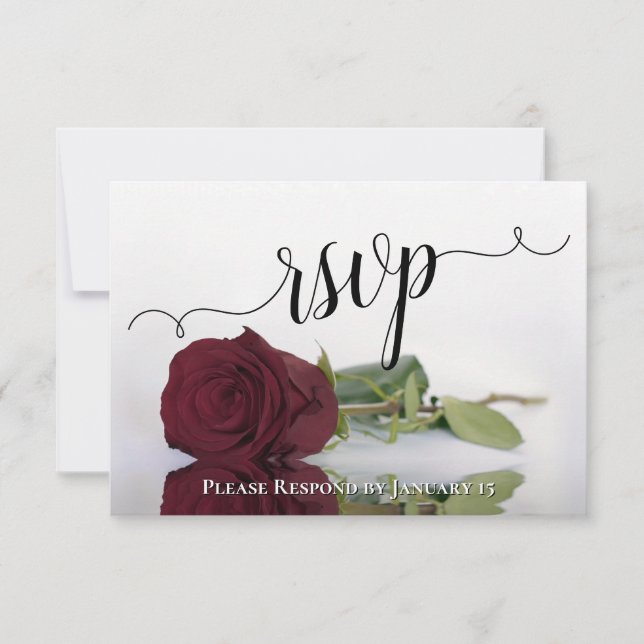 Elegant Long-Stemmed Burgundy Rose Wedding RSVP Card (Front)
