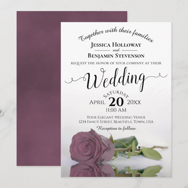 Elegant Long Stemmed Dusty Pink Mauve Rose Wedding Invitation (Front/Back)