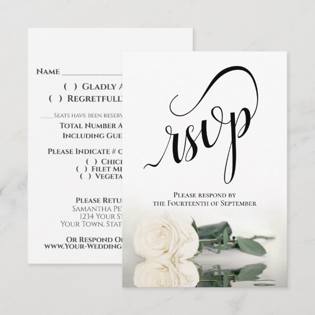 Elegant Long-Stemmed Ivory White Rose Wedding RSVP Card (Front/Back)