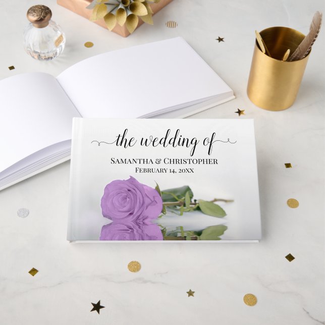 Elegant Long Stemmed Lilac Purple Rose Wedding Guest Book (Front Open)