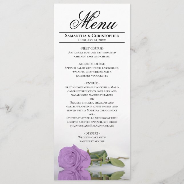 Elegant Long Stemmed Lilac Purple Rose Wedding Menu (Front)