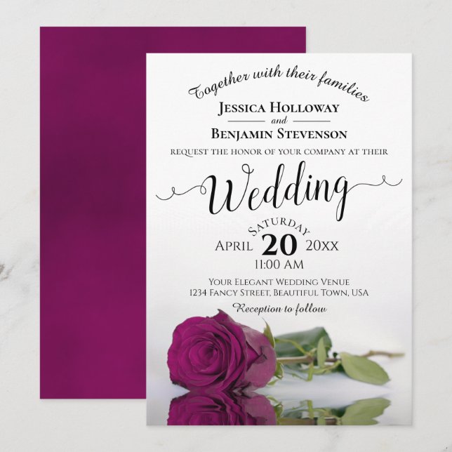 Elegant Long Stemmed Magenta Rose Wedding Invitation (Front/Back)