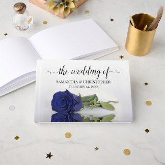 Elegant Long Stemmed Navy Blue Rose Wedding Guest Book