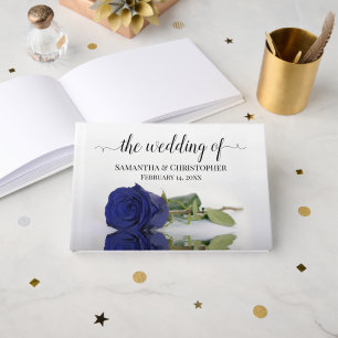 Elegant Long Stemmed Navy Blue Rose Wedding Guest Book