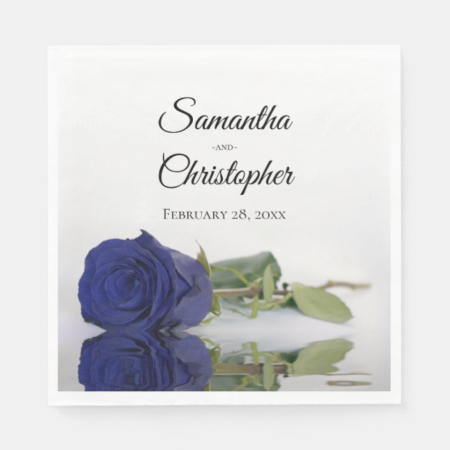 Elegant Long Stemmed Navy Blue Rose Wedding Napkin (Front)