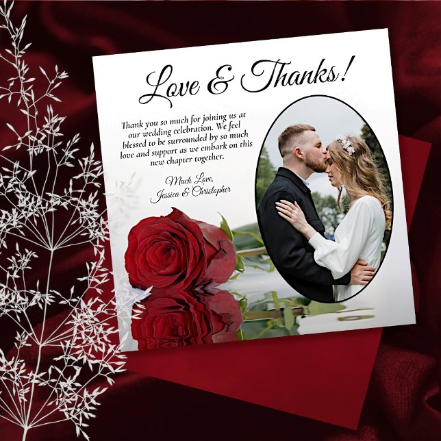 Elegant Long Stemmed Red Rose Oval Photo Wedding Thank You Card (Creator Uploaded)