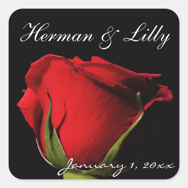 Elegant Long Stemmed Red Rose Personalised Wedding Square Sticker (Front)