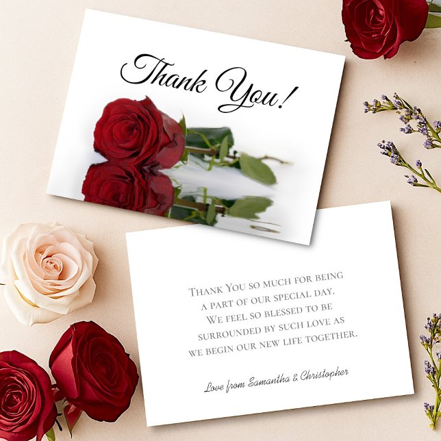 Elegant Long Stemmed Red Rose Simple Wedding Thank You Card (Front/Back)