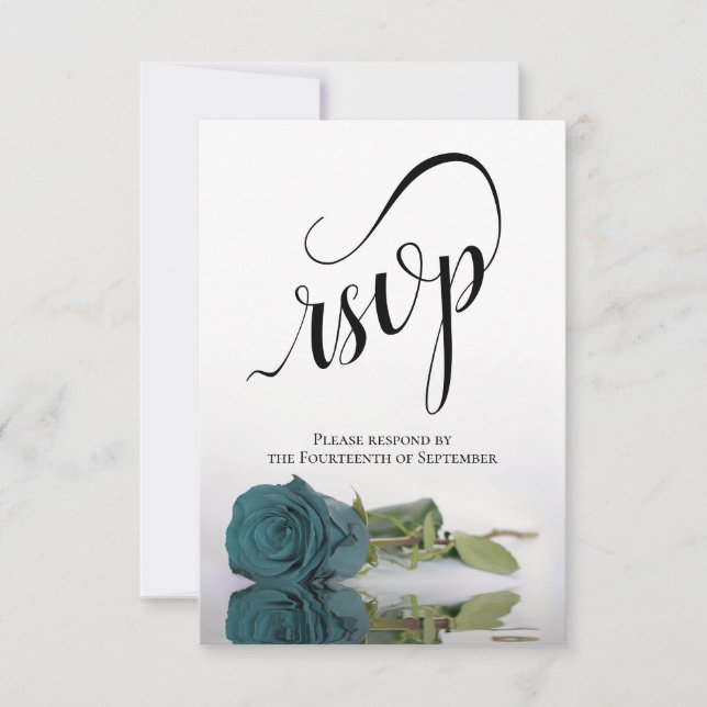 Elegant Long-Stemmed Teal Rose Wedding RSVP Card (Front)