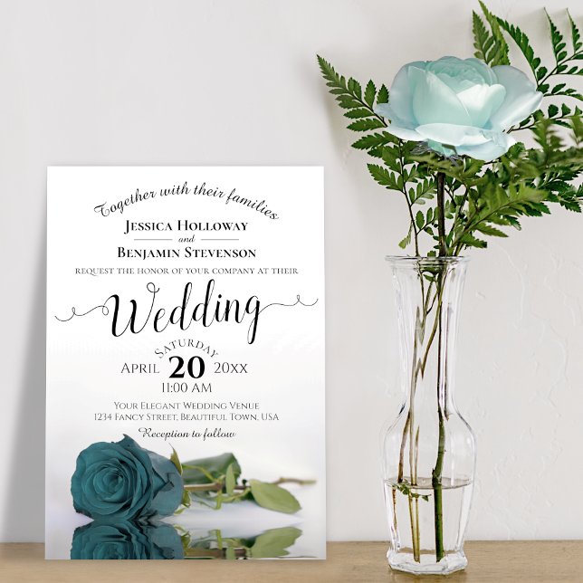 Elegant Long Stemmed Teal Turquoise Rose Wedding Invitation (Creator Uploaded)
