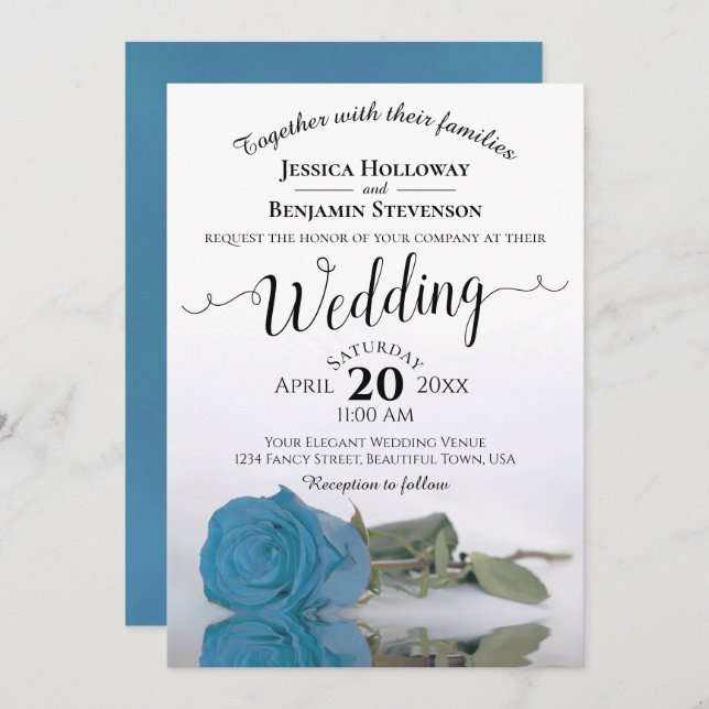 Elegant Long Stemmed Turquoise Blue Rose Wedding Invitation (Front/Back)