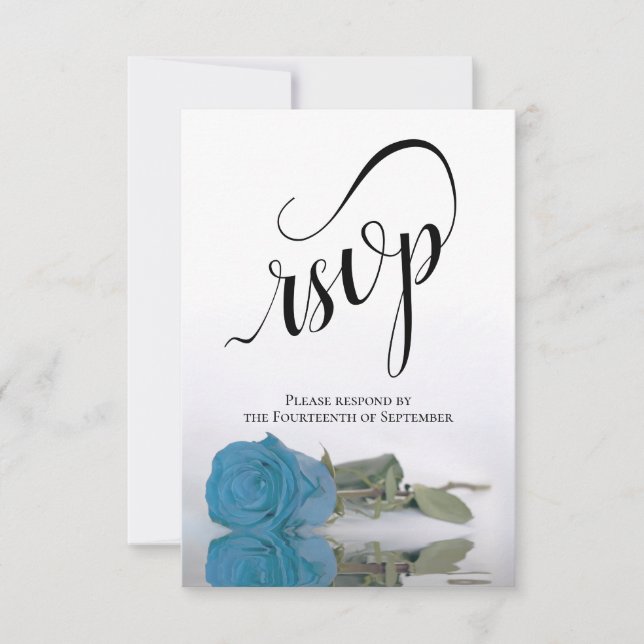 Elegant Long-Stemmed Turquoise Blue Rose Wedding RSVP Card (Front)