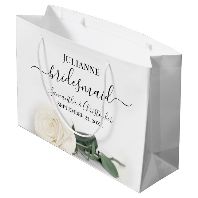 Elegant Long Stemmed White Rose Bridesmaid Wedding Large Gift Bag (Back Angled)