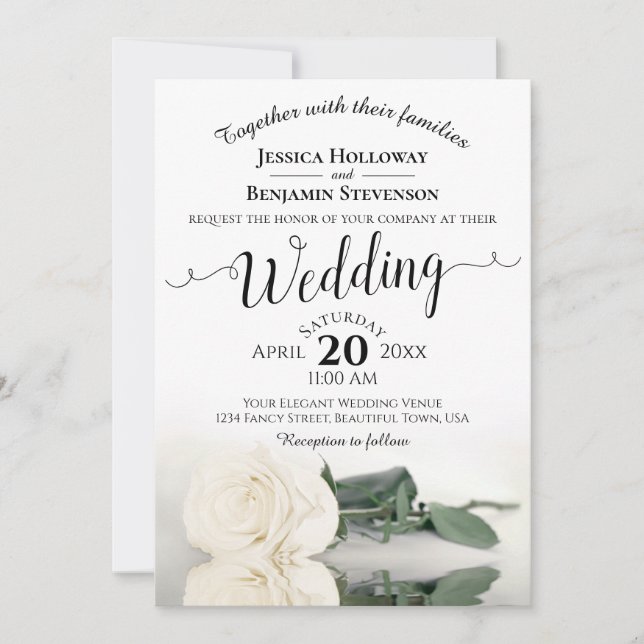 Elegant Long Stemmed White Rose Romantic Wedding Invitation (Front)