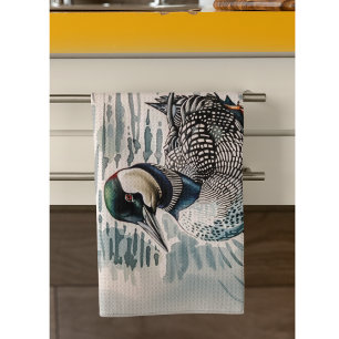 Elegant Loon on the Lake - custom text Tea Towel