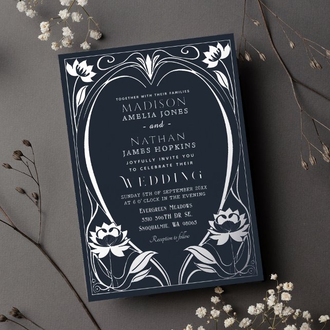 Elegant Lotus Art Nouveau Wedding Foil Invitation (Creator Uploaded)
