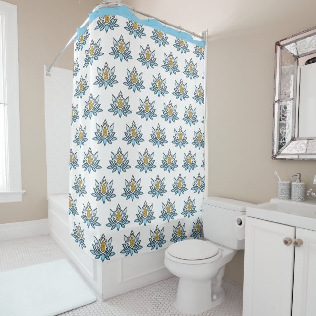 Elegant Lotus Flower Blue Silver Gold Zen Yoga Shower Curtain (In Situ)