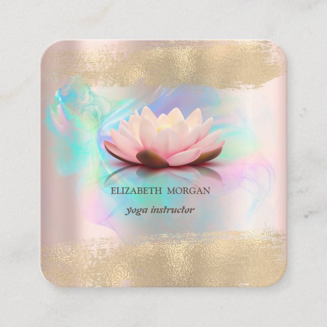 Elegant Lotus Flower Gold Brush Stroke Holographic Square Business Card (Front)