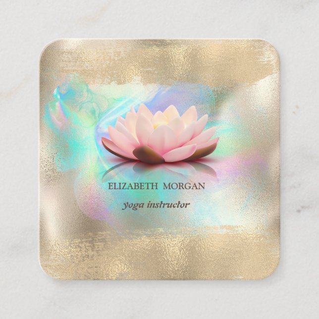 Elegant Lotus Flower Gold Brush Stroke Holographic Square Business Card (Front)