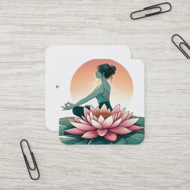 Elegant Lotus Flower Logo Yoga Square Business Card (Front/Back In Situ)