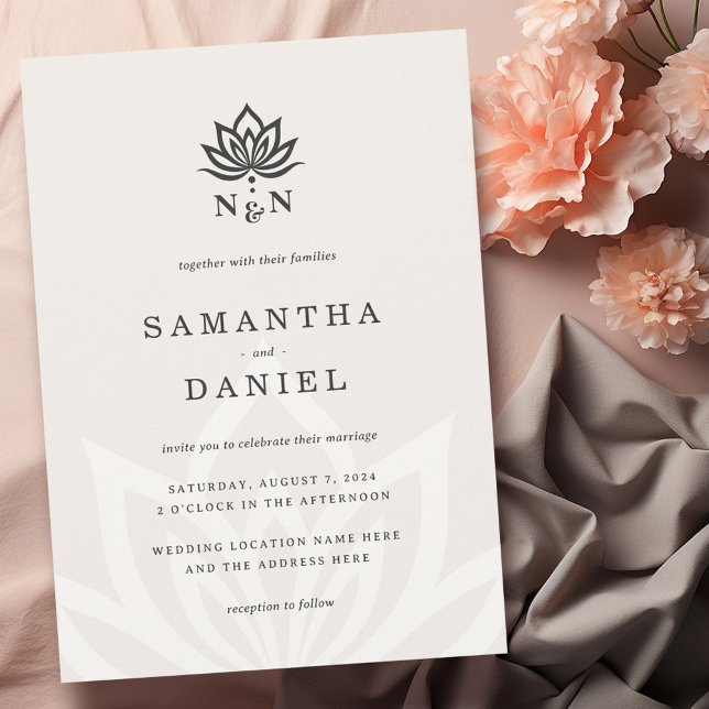 Elegant lotus flower monogram light neutral ivory invitation (Elegant lotus flower monogram light neutral ivory invitation)