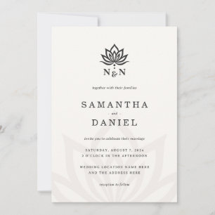 Elegant lotus flower monogram light neutral ivory invitation