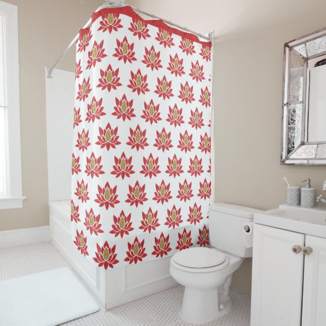 Elegant Lotus Flower Red Gold Zen Yoga Pattern Shower Curtain (In Situ)
