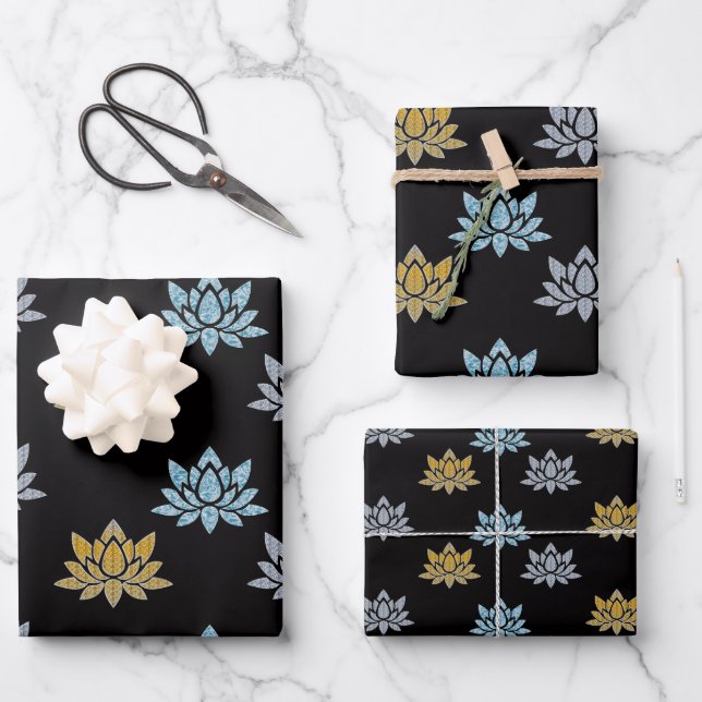 Elegant Lotus Flowers Blue Silver Gold Yoga Flat Wrapping Paper Sheet (Front)