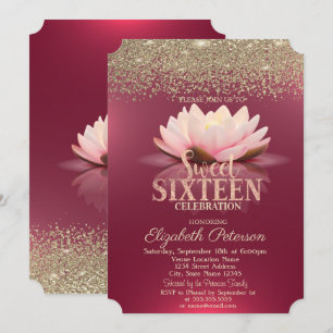 Elegant Lotus Gold Confetti Diamonds Red Sweet 16 Invitation